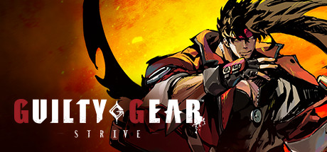 the logo and promotional art for Guilty Gear Strive. the logo, pictured in the bottom left, shows the title in simple block text. the letter G is made red while the rest of the letters are white, and there is a symbol resembling a G between the words 'guilty' and 'gear.' the right half of the picture is occupied by main protagonist Sol Badguy, who has long brown hair and wears a lot of red and black clothes. the background is red, black, and yellow, almost looking like an explosion